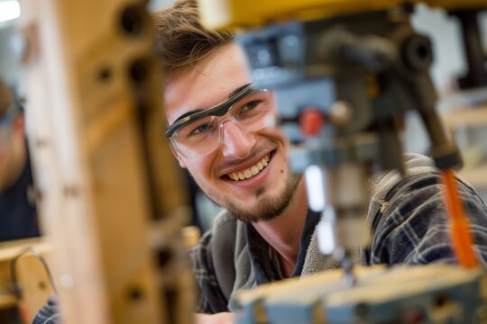 Craft work A smiling male trainee wearing protective eyewear, happily engaged in drilling tasks as part of his carpentry course for business and workshop