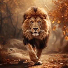 Portrait of a big male lion walking in the autumn forest.