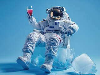 AI generated image, Concept photo of an astronaut sitting on ice cube holding a glass of refreshing drink on blue color background, relaxing