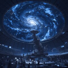 Beneath a starlit dome, scientists delve into the secrets of the universe. - obrazy, fototapety, plakaty