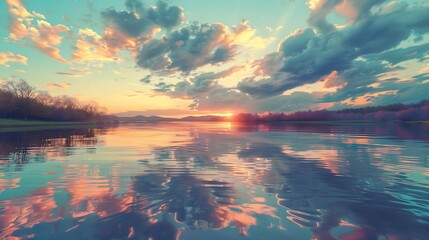  A serene lake reflecting the vibrant hues of the spring sky. . 
 - obrazy, fototapety, plakaty