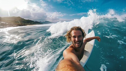 A man is surfing in the ocean and taking a selfie