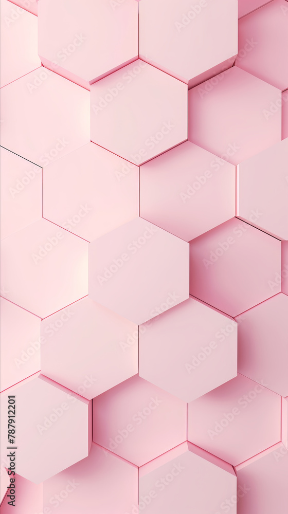 Poster a vertical design featuring pink hexagonal shapes in an abstract pattern.