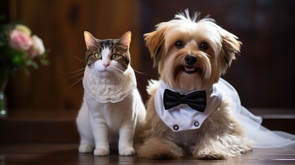 Yorkshire Terrier and cat dressed as bride and groom