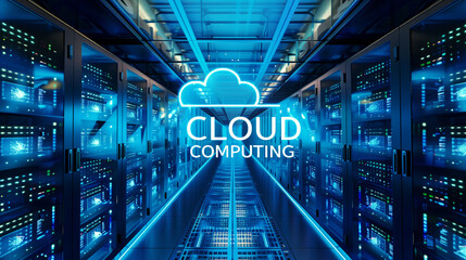 Modern cloud computing servers room with a cloud computing logo