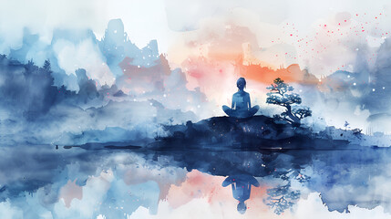 Watercolor meditation and mindfulness lifestyle concept, generative Ai