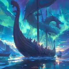 Embark on a Journey through Norse Mythology with this Epic Viking Longship Set against the Spectacular Aurora Borealis Sky at Sunset - obrazy, fototapety, plakaty