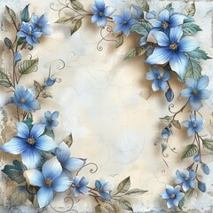 A blue floral pattern on a beige background with a paper-like texture.