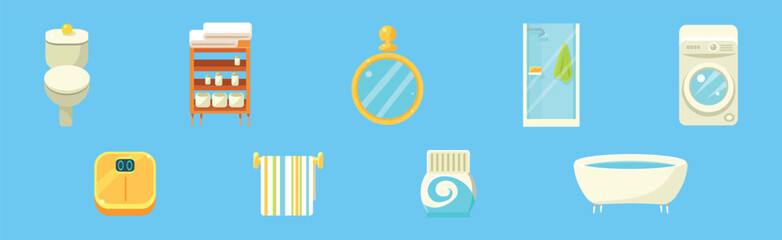 Bathroom Object and Item Isolated on Blue Background Vector Set