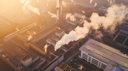  Aerial view of an industrial plant's complex infrastructure with smokestacks emitting steam at sunrise, casting a warm glow