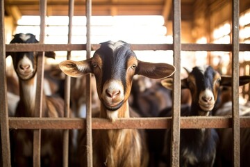 Goats in a stable on a farm. Animal husbandry - obrazy, fototapety, plakaty
