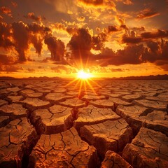 A cracked desert floor with a setting sun in the background
