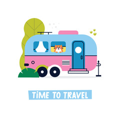 Colorful cartoon camper RV with cat. Road home Trailer. Holiday trip concept vector greeting card. Camping caravan car. Mobile home for vacation with plants, trees. Lettering Time to Travel