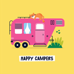 Colorful cartoon camper RV with cat. Road home Trailer. Holiday trip concept vector greeting card. Camping caravan car. Mobile home for vacation with plants, trees. Lettering Happy Campers