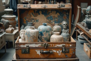 antiker Koffer voll mit antiken Gegenst??nden