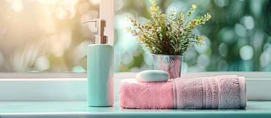 Soap dispenser and spa towel in a pastel bathroom window setting - obrazy, fototapety, plakaty