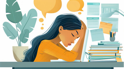 Exhausted nonprofit director at desk, head bowed, with thought bubbles of donor checks, computers, and job ads.generative ai