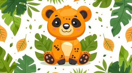 A cute cartoon jaguar sitting in a lush green jungle with big eyes and a friendly smile.