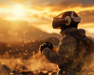 Fototapeta premium Cinematographer with augmented reality headset framing surreal landscapes.
