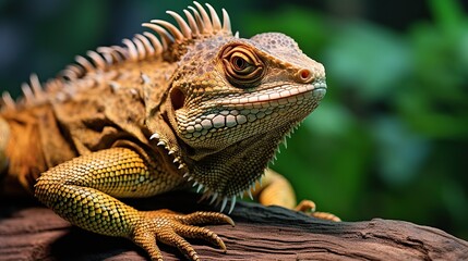 Fototapeta premium Close up of a green iguana on a tree in the forest