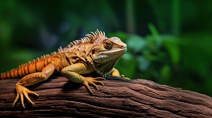 Obraz premium Close up of a bearded dragon sitting on a log in the forest