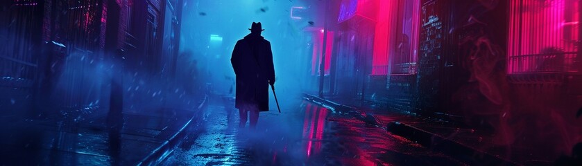 Oldschool detective in noir attire investigating in a neonlit extraterrestrial alley, misty night , no grunge, splash, dust - obrazy, fototapety, plakaty