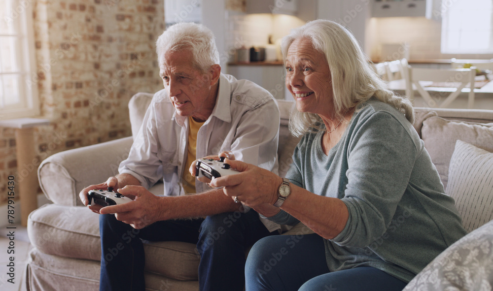 Sticker Joystick, senior couple and technology for gaming, online streaming or leisure for happiness at home. Partners, elderly people and retirement with smile from esports, video game or challenge on sofa