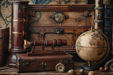 Antique pirate adventure collection including a compass, telescope, treasure wood box and globe models. (vintage style)