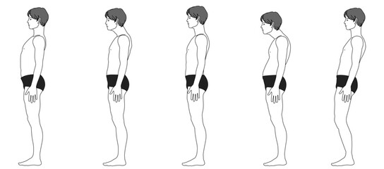 男性の良い姿勢と悪い姿勢の比較イラスト 猫背や骨盤傾きの全身横向き図解