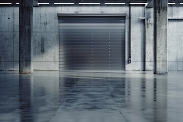 Roller door or shutter used in industrial building with polished concrete floor and doors for...