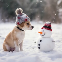 Golden retriever puppy in a winter hat staring at snowman