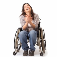 Fototapeta na wymiar A happy woman seated in a wheelchair, laughing with hands together, symbolizing positivity and accessibility.