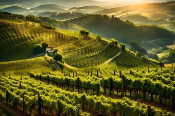 Lush vineyards stretching across hills, a panoramic celebration of summer's bounty.