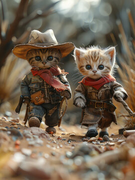 Two kittens dressed in western cowboy outfits,generative ai