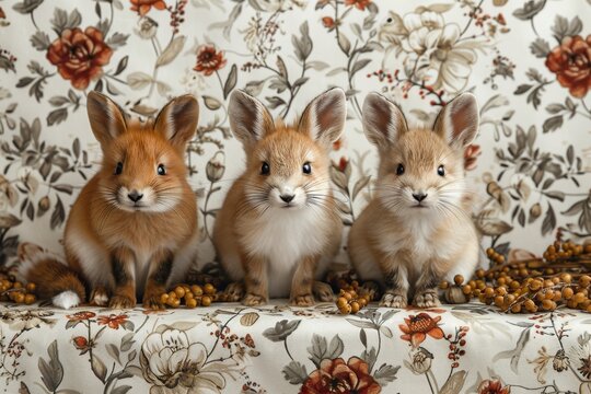 A group of three baby fennec foxes sitting on a floral patterned couch