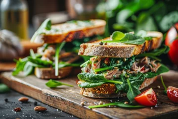 Foto op Aluminium Sandwich with pate and sprats Sprat pate with spinach and pepper Danish cuisine Food recipe Close up shot © VolumeThings