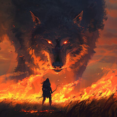 "Hunter Faces Flame Wolf: Archer Stands Before Fire-Breathing Beast, Navigating Perilous Confrontation with Skill and Resolve