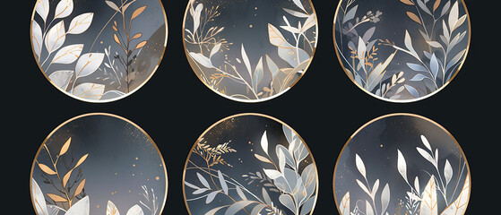 four oval plates with gold leaf designs on them against a black background