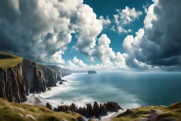A coastal panorama with cliffs rising against the backdrop of a cloud-studded summer sky.