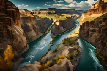 A river cutting through a panoramic canyon, a testimony to the shaping force of summer waters.