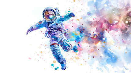Astronaut in vibrant watercolor nebula.
