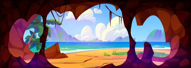 Summer sea beach landscape cave view background. Tropical seaside horizon beautiful travel scene. Sandy ocean shore nature and blue sky with cloud. Heat July on Hawaii paradise panorama illustration - obrazy, fototapety, plakaty