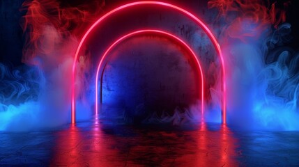 Light arch portal with neon lights. Laser led frame at concert stage. Haze and magic glitter at cyber door border. Description: Mysterious white teleport mockup with reflections.