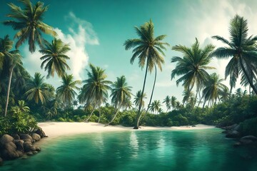 A tropical island panorama, palm trees swaying in the summer breeze against a clear sky.
