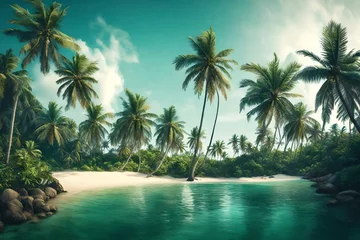 Fotobehang A tropical island panorama, palm trees swaying in the summer breeze against a clear sky. © Muhammad
