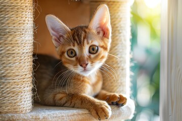 Short haired kitten Abyssinian breed sits by tower - obrazy, fototapety, plakaty