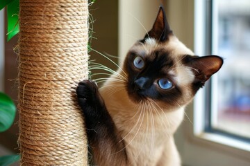 Siamese cat playing near scratching post at home