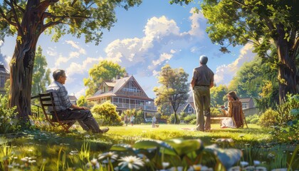 Retirement, Illustrations capturing the transition from work to retirement, featuring leisure activities, hobbies, and relaxation