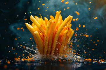 Stacks of golden french fries were splashing all over the place of water