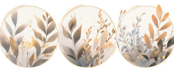 a three oval mirrors with gold and silver leaves on them
